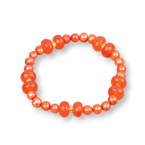 Elastic Bracelet With Freshwater Pearls And Jade Rondelle With Intense Orange Hematite