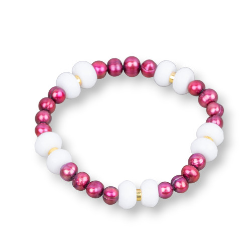 Elastic bracelet with river pearls and jade washers with white and red hematite