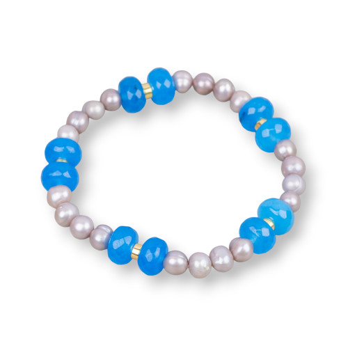 Elastic Bracelet With Freshwater Pearls And Jade Rondelle With Blue And Gray Hematite