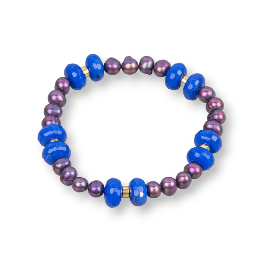 Elastic Bracelet With Freshwater Pearls And Jade Rondelle With Blue Purple Hematite