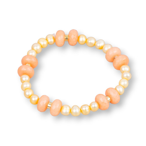 Elastic bracelet with river pearls and jade washers with peach hematite