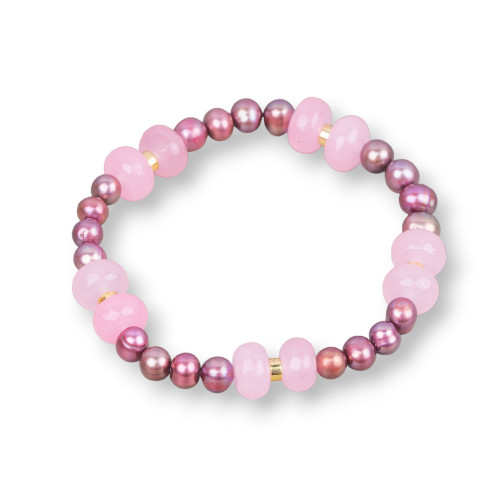 Elastic bracelet with river pearls and jade washers with pink hematite