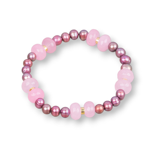 Bracciale Elastico Con Perle Di Fiume E Rondelle Di Giada Con Ematite Rosa