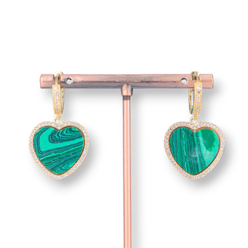 Bronze Stud Earrings With Natural Stone Cabochon Zircon Coure 21x36mm Malachite Paste