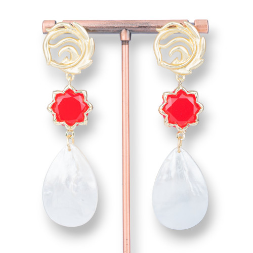 Boucles d'oreilles clous en bronze avec yeux de chat et nacre 20x73mm rouge