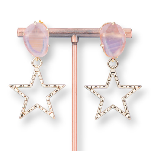 Bronze Stud Earrings With Cat's Eye And Zamak Star 29x52mm Powder