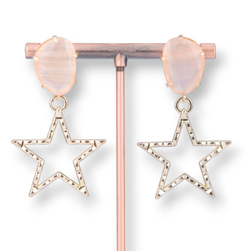 Bronze Stud Earrings With Cat's Eye And Zamak Star 29x52mm Peach
