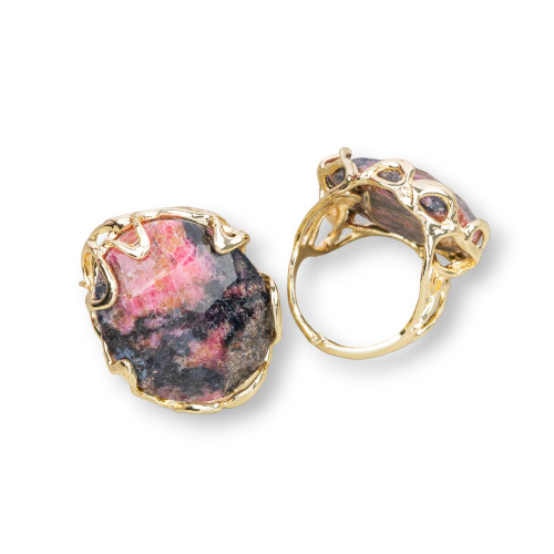 Bronze Ring With Irregular Natural Stone 28x32mm Adjustable Size Golden Rough Rhodonite