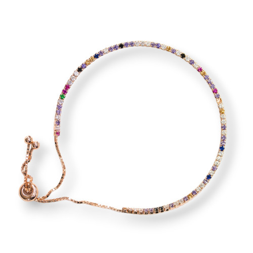 Bracciale Di Argento 925 Tennis Con Zirconi 02mm Oro Rosa Multicolor Con Misura Regolabile 1pz