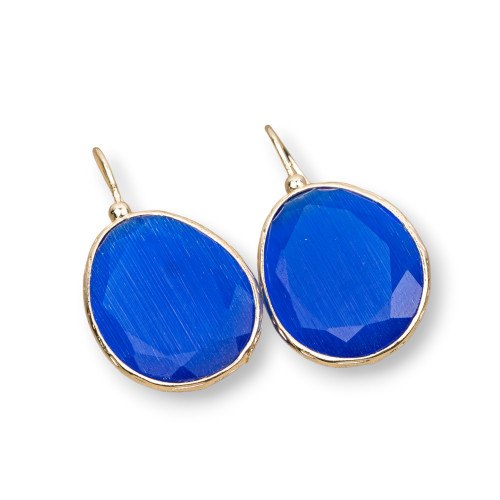 Bronze Leverback Earrings with Mango Edged Cat's Eye 14x30mm 1 Pair Electric Blue