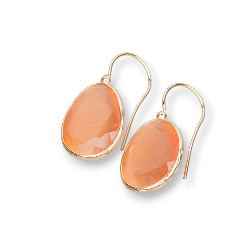Bronze Hook Earrings with Cat's Eye Mango Edged 14x30mm 1 Pair Peach