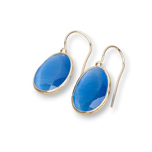 Bronze Leverback Earrings with Mango Edged Cat's Eye 18x36mm 1 Pair Light Blue