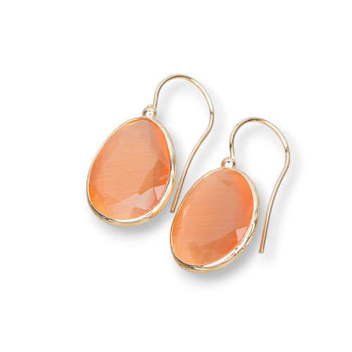 Bronze Hook Earrings with Cat's Eye Mango Edged 18x36mm 1 Pair Peach