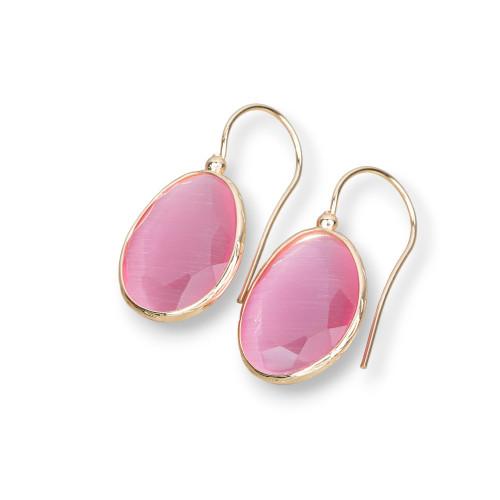 Bronze Leverback Earrings with Mango Edged Cat's Eye 18x36mm 1 Pair Pink