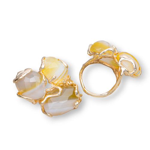 Bronze Ring With Semi-precious Stones 32x36mm Adjustable Size Golden Yellow Striated Agate