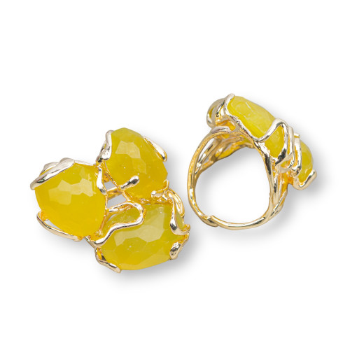Bronze Ring With Semi-precious Stones 32x36mm Adjustable Size Golden Jade Mustard
