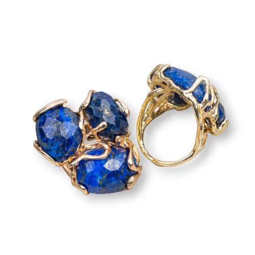 Bronze Ring With Semi-precious Stones 32x36mm Adjustable Size Golden Lapis Lazuli