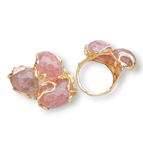 Bronze Ring With Semi-precious Stones 32x36mm Adjustable Size Golden Strawberry Quartz