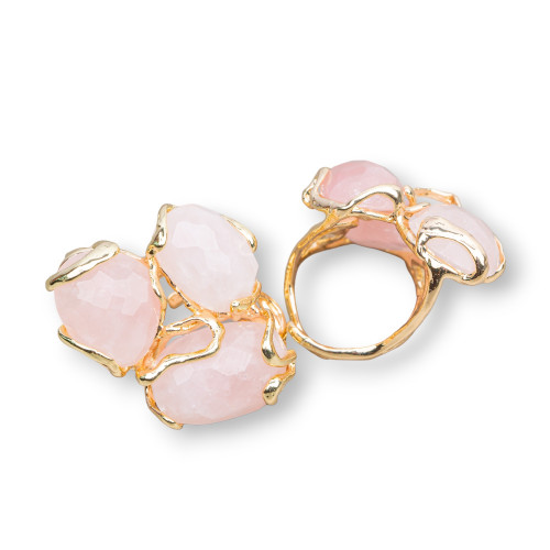 Bague Bronze Avec Pierres Semi-précieuses 32x36mm Taille Ajustable Quartz Rose Doré