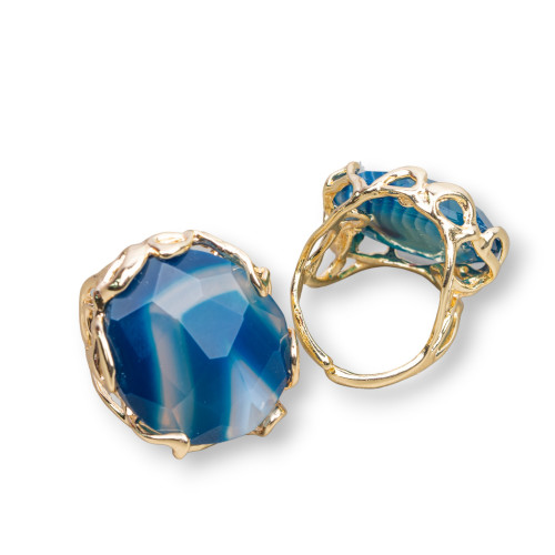 Bague bronze avec pierre naturelle irrégulière 28x32mm taille réglable agate bleue dorée striée intense