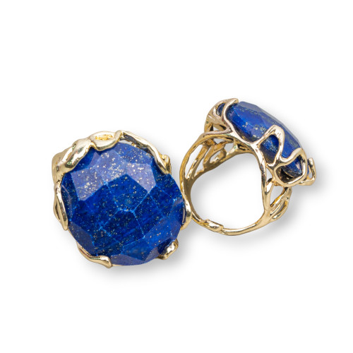 Bronze Ring With Irregular Natural Stone 28x32mm Adjustable Size Golden Lapis Lazuli