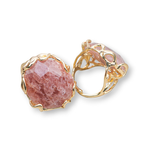 Bronze Ring With Irregular Natural Stone 28x32mm Adjustable Size Golden Strawberry Quartz