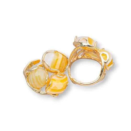 Χάλκινο δαχτυλίδι με φυσικές πέτρες 25x27mm Ρυθμιζόμενο μέγεθος Χρυσός Ριγέ Κίτρινος Αχάτης
