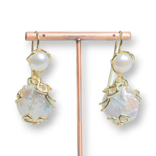 Bronze Hook Earrings With Freshwater Pearls And Cabochon Pendant 22x57mm Pearls