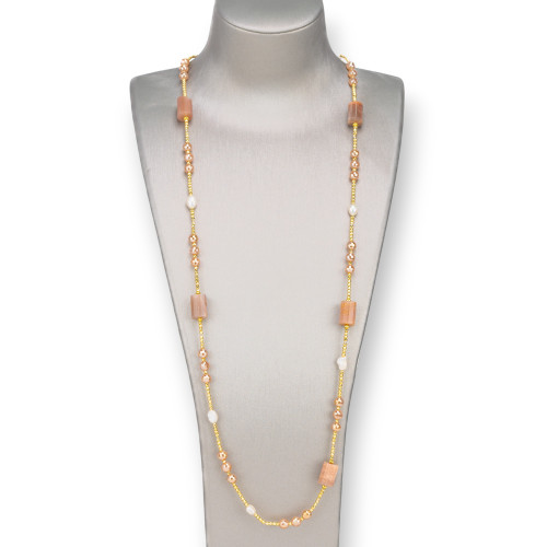 Collana Bijoux Con Perle Di Fiume, Ematite, Pietre Dure Annodate 90cm Pietra Del Sole Rosa