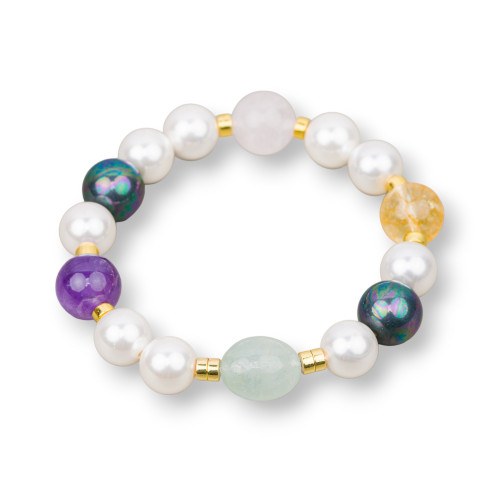Elastic Bracelet of Mallorcan Pearls with Rose Quartz, Amethyst, Citrine, Aquamarine and Hematite 10-12mm