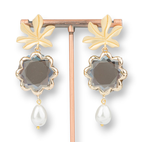 Bronze Stud Earrings with Flower Cat's Eye and Majorcan Pearls 30x68mm Smoke