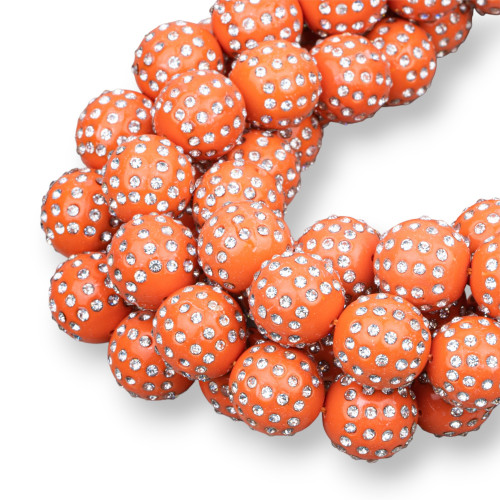 2 Hole Balls With Rhinestones 12mm Orange Coral Paste 1 Strand