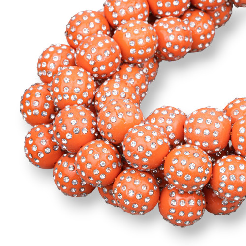 2 Hole Balls With Rhinestones 14mm Orange Coral Paste 1 Strand
