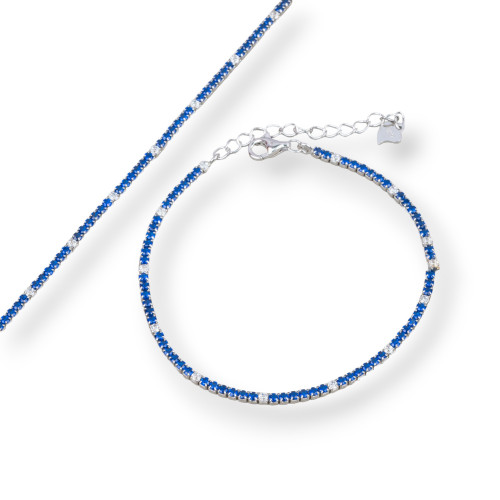 Bracciale Di Argento 925 Tennis Con Zirconi 02mm Rodiato Blu Bianco Con Chiusura Moschettone 1pz