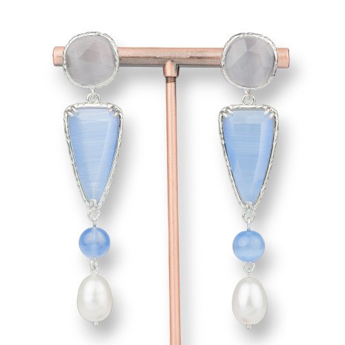 Bronze Cat's Eye and Pearl Stud Earrings 15x72mm Light Blue