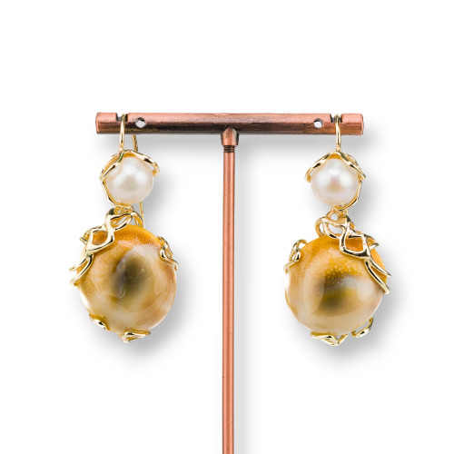Bronze Leverback Earrings with River Pearls and Shell Pendant 24x52mm