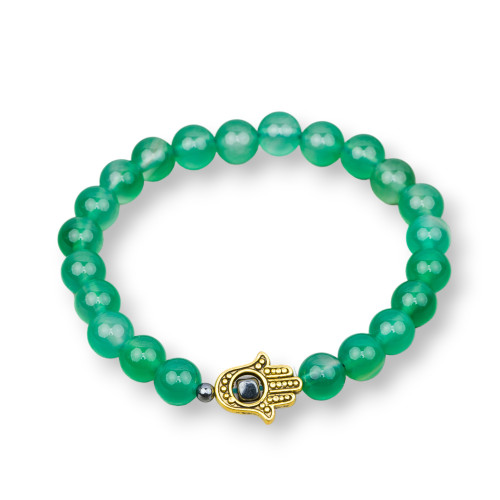 Elastic Bracelet Of Semi-precious Stones 08mm With Hematite Men's Line MOD2 Hand of Fatima Green Agate