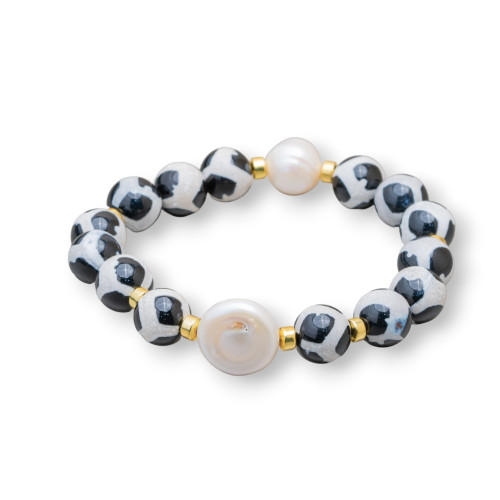 Tibetan Agate Elastic Bracelet With River Pearls 10mm Black