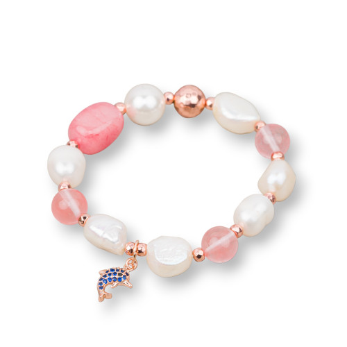 Elastic Bracelet of Freshwater Pearls with Semi-precious Stones and Pendant with Zircons 10-12mm Rose Gold Dolphin Blue