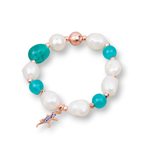 Elastic Bracelet Of River Pearls With Semi-precious Stones and Pendant With Zircons 10-12mm Turquoise Rose Gold Blue