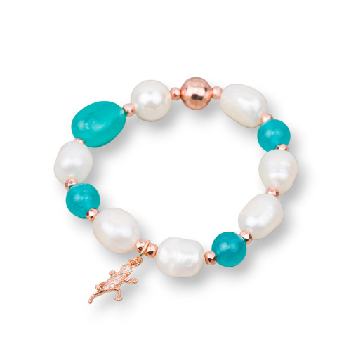 Elastic Bracelet of River Pearls with Semi-precious Stones and Pendant with Zircons 10-12mm Turquoise Rose Gold Gecko