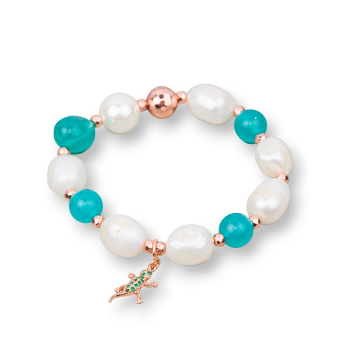 Elastic Bracelet Of River Pearls With Semi-precious Stones and Pendant With Zircons 10-12mm Turquoise Rose Gold Gecko Green