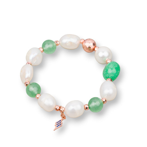 Elastic Bracelet of River Pearls with Semi-precious Stones and Pendant with Zircons 10-12mm Light Green Rose Gold Rhombus