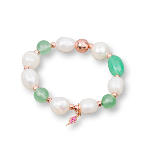 Elastic Bracelet of River Pearls with Semi-precious Stones and Pendant with Zircons 10-12mm Green Rose Gold Lightning