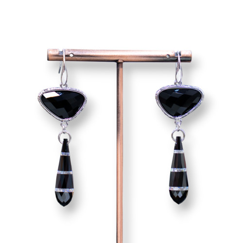 925 Silver Hook Earrings With Bronze Component With Cat's Eyes And Teardrop Zircons 20x64mm