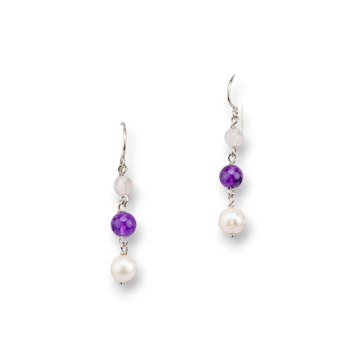 925 Silver Lever Earrings with Amethyst Rose Quartz and River Pearls 9x53mm