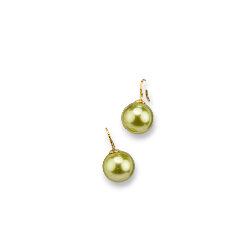 Pendientes Palanca de Plata 925 Bañada en Oro con Perlas Mallorquinas Verde Ácido 14x25mm