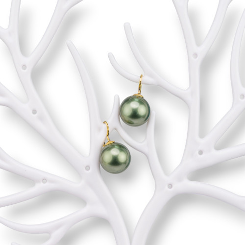 Gold Plated 925 Silver Hook Earrings And Dark Green Mallorcan Pearls 14x25mm