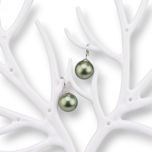 925 Rhodium Plated Silver Earrings With Dark Green Mallorcan Pearls 14mm