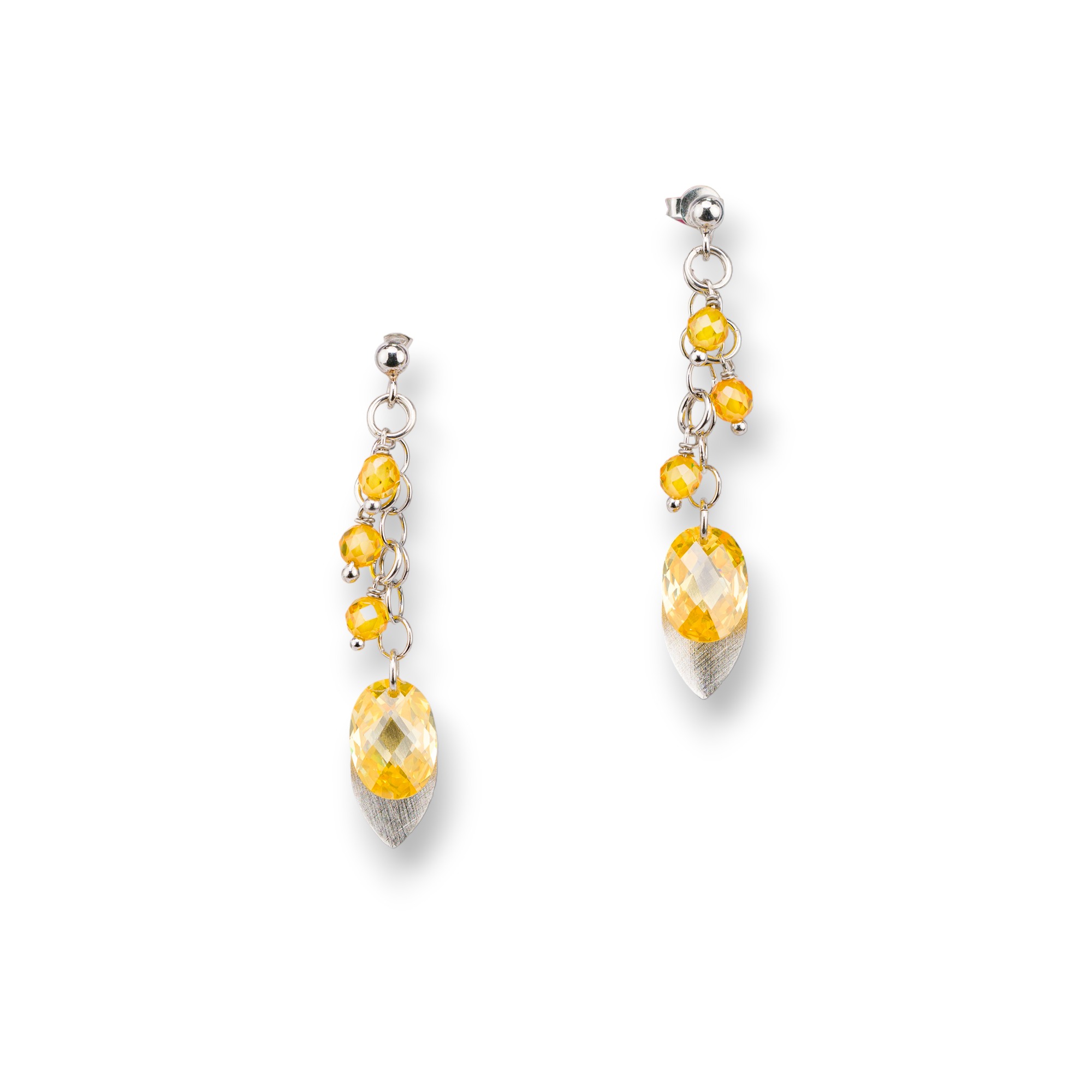 Orecchini A Perno Di Argento 925 Con Foglie Di Argento E Zirconi Ovali Sfaccettato 15x50mm Topazio Giallo